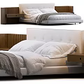 Modern Double Bed With Fabric Headboard White Bed Linens And Wooden Nightstand 3d model