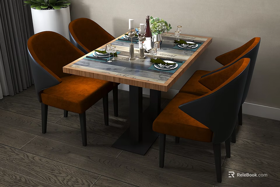 Dining Table Set Featuring Wooden Marble Pattern Top Orange Upholstered Chairs And Tableware 3d model