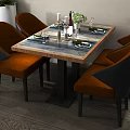 Dining Table Set Featuring Wooden Marble Pattern Top Orange Upholstered Chairs And Tableware 3d model