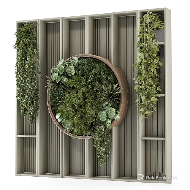 Living Plant Wall Design With Circular Wooden Frame Various Green Plants And Hanging Foliage 3d model 