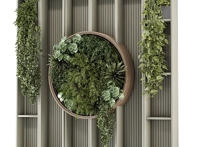 Living Plant Wall Design With Circular Wooden Frame Various Green Plants And Hanging Foliage 3d model