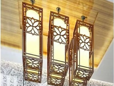 Three Traditional Chinese Wooden Carved Chandeliers With Floral Patterns And Translucent Shades 3d model