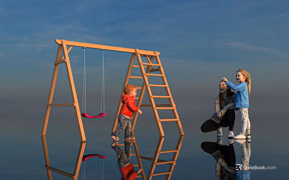 Children Playing Around Wooden Swing Set With Red Seat Ladder And Adult Under Blue Sky 3d model 
