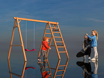 Children Playing Around Wooden Swing Set With Red Seat Ladder And Adult Under Blue Sky 3d model