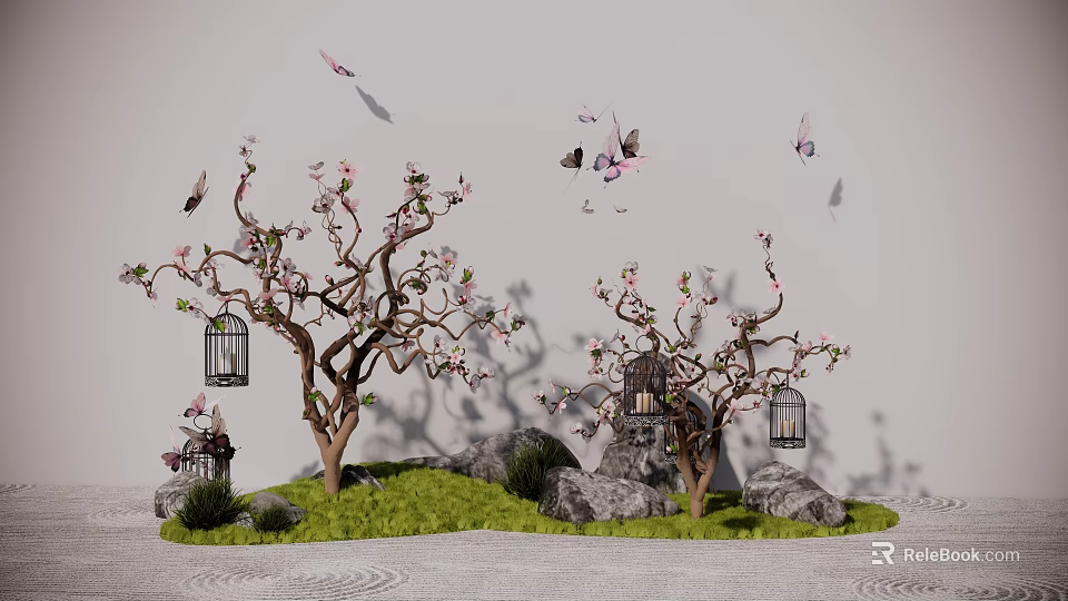 Garden Ornament Scene With Pink Flowering Trees Hanging Birdcages And Flying Butterflies 3d model 