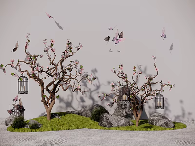 Garden Ornament Scene With Pink Flowering Trees Hanging Birdcages And Flying Butterflies 3d model