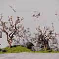 Garden Ornament Scene With Pink Flowering Trees Hanging Birdcages And Flying Butterflies