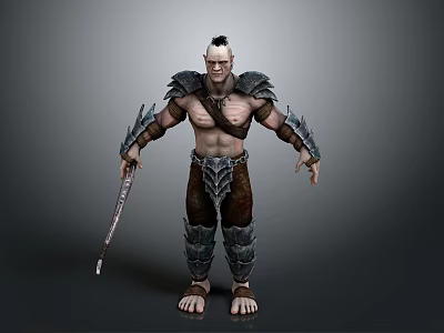 Muscular Bald Warrior With Armored Shoulders Arm Guards And Leather Pants Holding Sword 3d model