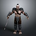 Muscular Bald Warrior With Armored Shoulders Arm Guards And Leather Pants Holding Sword
