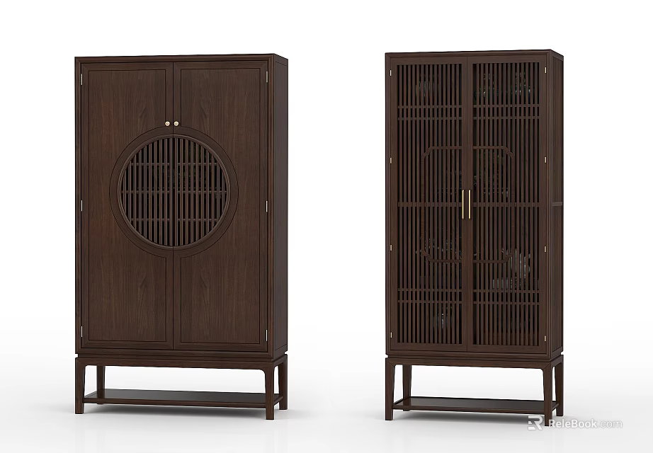 Dark Brown Wooden Decorative Cabinets With Circular And Grid Lattice Door Designs On Legs 3d model 