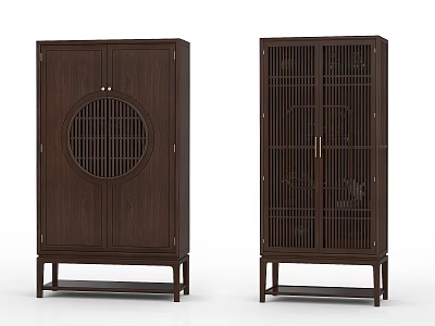 Dark Brown Wooden Decorative Cabinets With Circular And Grid Lattice Door Designs On Legs 3d model