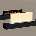 Modern Black Wooden Long Fireplaces With Burning Flames In Interior Design
