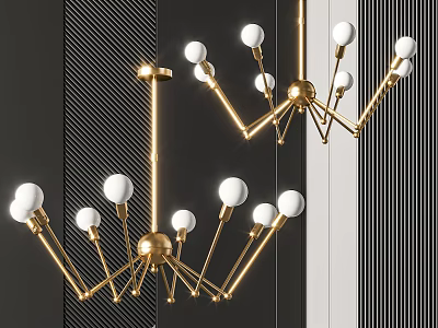 Modern Gold Chandelier with White Spherical Bulbs and Geometric Branch Design for Contemporary Interior Decoration 3d model