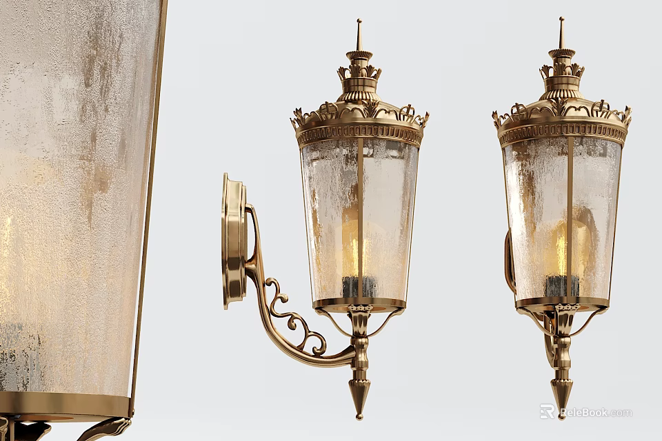 Pair of Elegant Vintage Wall Sconces with Golden Metal Frame and Glass Shades 3d model 