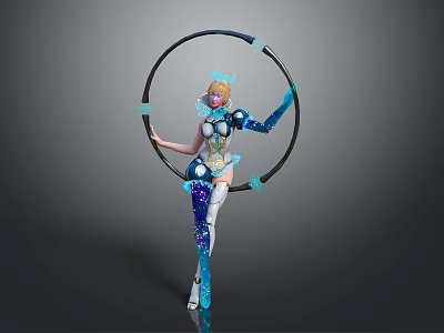 Game Movie Character in Blue White Mechanical Outfit With Crown Holding Black Hoop Standing Elegantly 3d model