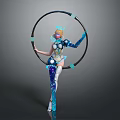 Game Movie Character in Blue White Mechanical Outfit With Crown Holding Black Hoop Standing Elegantly