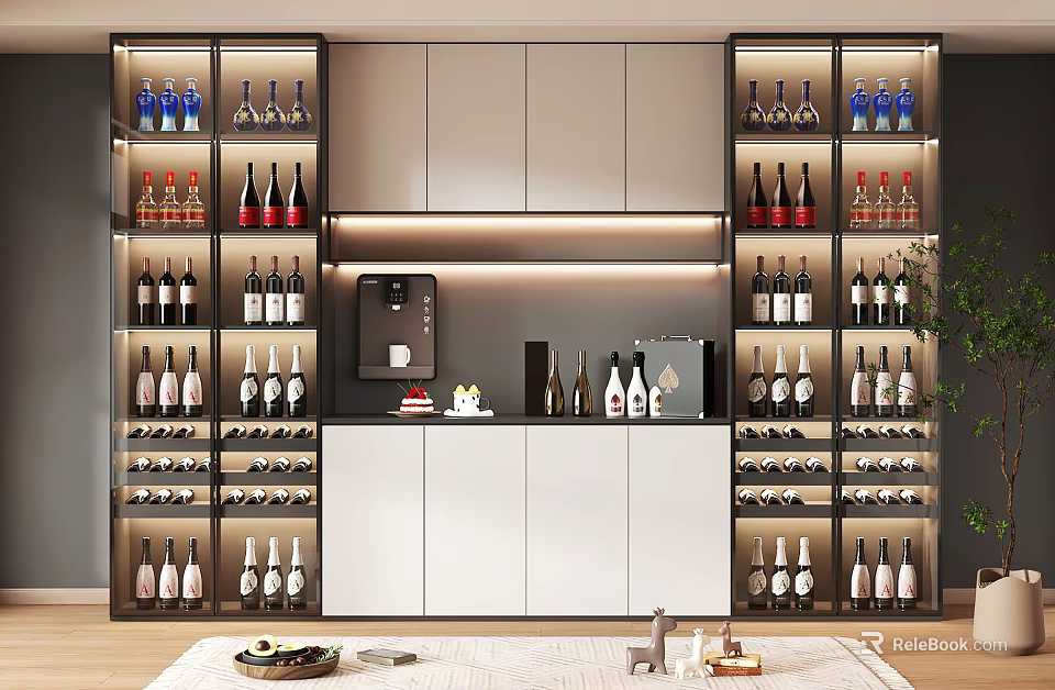 Modern Wine Cabinet Interior With LED Lighting Coffee Machine And Wine Bottles Storage 3d model 