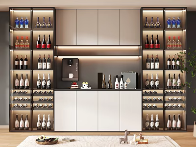 Modern Wine Cabinet Interior With LED Lighting Coffee Machine And Wine Bottles Storage 3d model