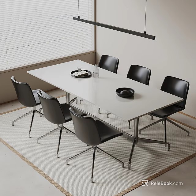 Modern Office Desk With Black Chairs And Minimalist Tabletop Items Under Ceiling Lamp And Blinds 3d model 