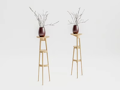 Red Ceramic Vases With Slender Branch Flowers Placed On Wooden Stands In Minimalist Light Background 3d model