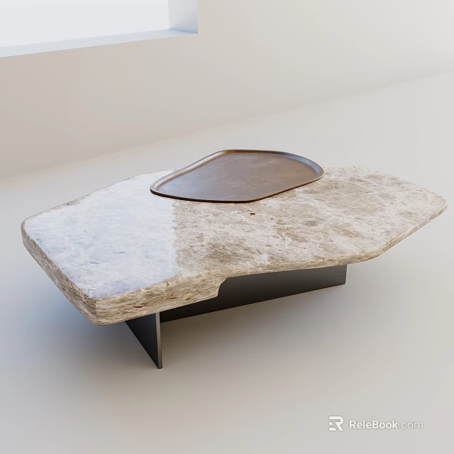 Modern Irregular Coffee Table With Marble Top Metal Tray And Black Base 3d model 