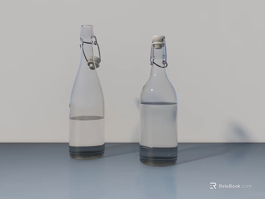 Display Shelf With Transparent Glass Bottles Featuring Metal Clip Lids And Clear Liquid 3d model 