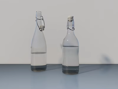 Display Shelf With Transparent Glass Bottles Featuring Metal Clip Lids And Clear Liquid 3d model