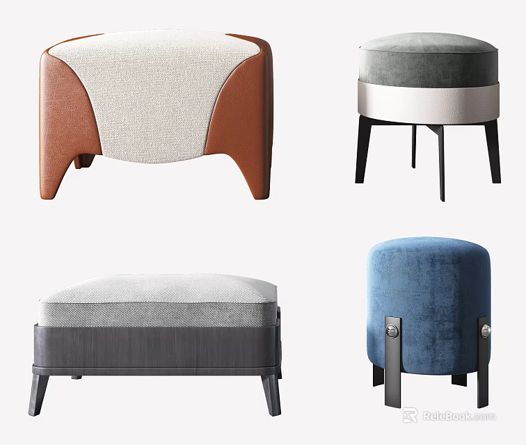 Modern Sofa Stools Featuring Fabric Leather Upholstery Round Square Various Color Designs 3d model 