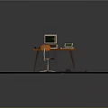 Wooden Office Desk With Orange Chair And Computer Keyboard Mouse Laptop