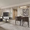 Modern Living and Dining Room Interior With Sofa Coffee Table Plants Chandelier Paintings And Clock