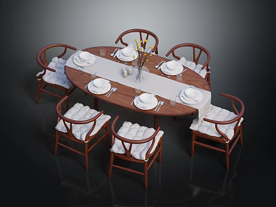 Round Wooden Dining Table Set with Six Upholstered Chairs Tableware and Flower Vase 3d model