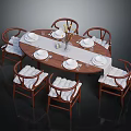 Round Wooden Dining Table Set with Six Upholstered Chairs Tableware and Flower Vase