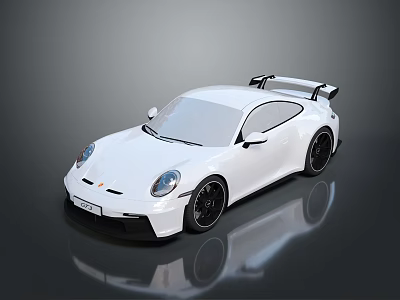White Sports Car With Black Rear Wing Shiny Wheels On Reflective Surface 3d model