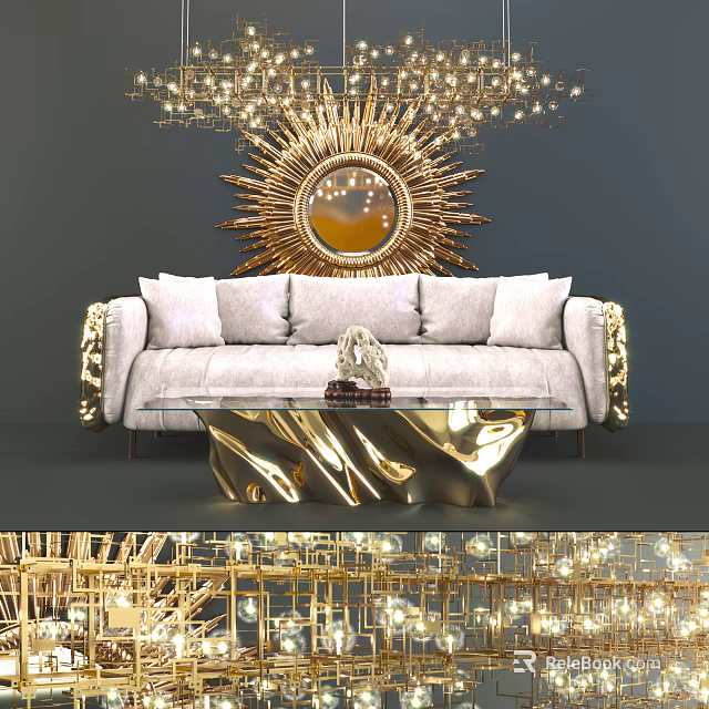 Modern Light Gray Three Seater Sofa With Gold Coffee Table And Sunburst Mirror Decor 3d model 