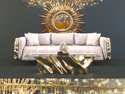 Modern Light Gray Three Seater Sofa With Gold Coffee Table And Sunburst Mirror Decor 3d model