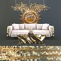 Modern Light Gray Three Seater Sofa With Gold Coffee Table And Sunburst Mirror Decor