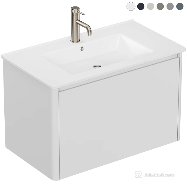Simple White Single Bowl Bathroom Washbasin With Silver Faucet And Cabinet 3d model 
