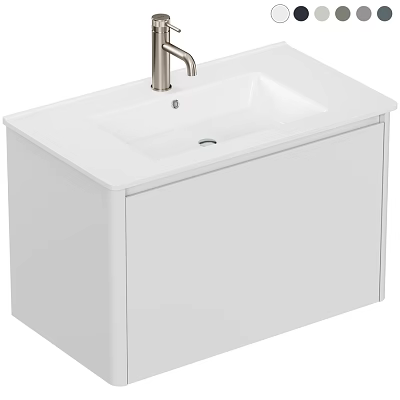 Simple White Single Bowl Bathroom Washbasin With Silver Faucet And Cabinet 3d model