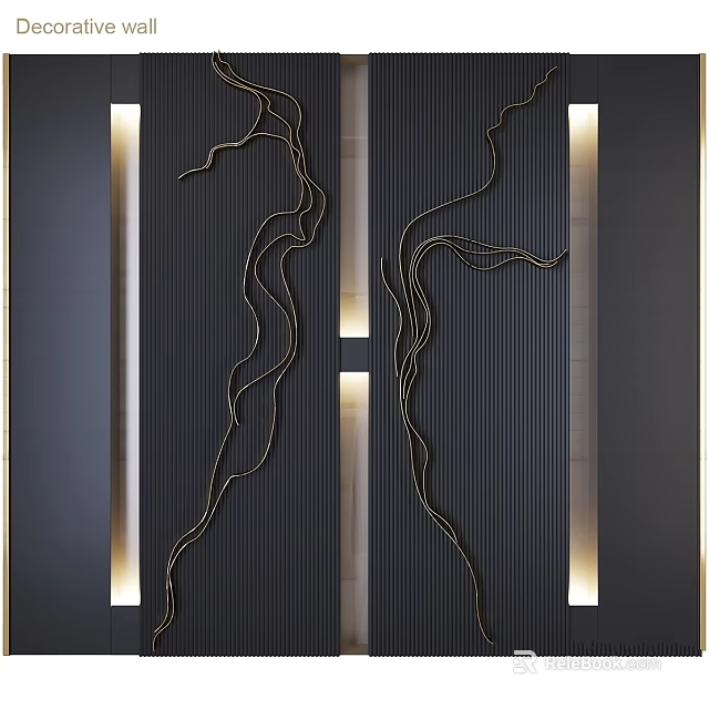 Modern Elegant Wall Decor With Gold Lines On Black Background And Vertical Light Strips 3d model 