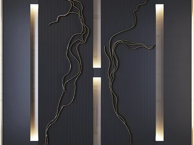 Modern Elegant Wall Decor With Gold Lines On Black Background And Vertical Light Strips 3d model