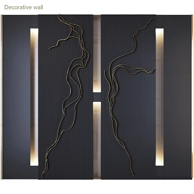 Modern Elegant Wall Decor With Gold Lines On Black Background And Vertical Light Strips 3d model