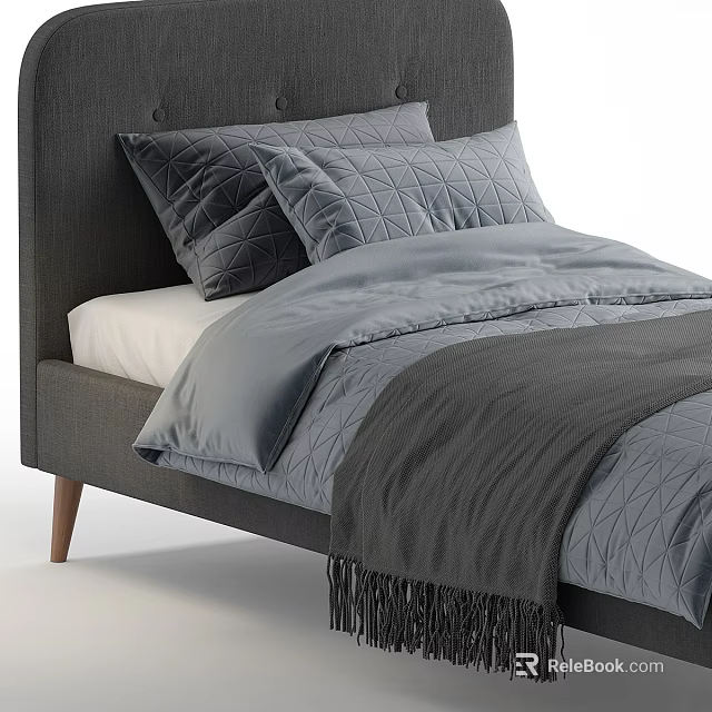 Modern Double Bed With Grey Headboard Pillows Duvet And Wooden Legs 3d model 
