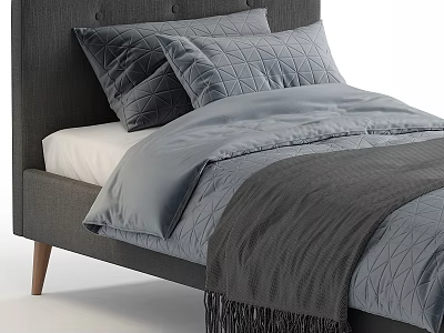 Modern Double Bed With Grey Headboard Pillows Duvet And Wooden Legs 3d model