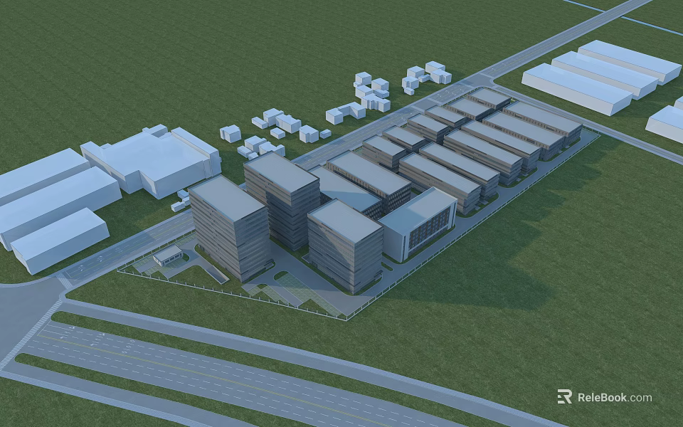 Modern Office Building Complex With Multiple Structures Green Area And Roads 3d model