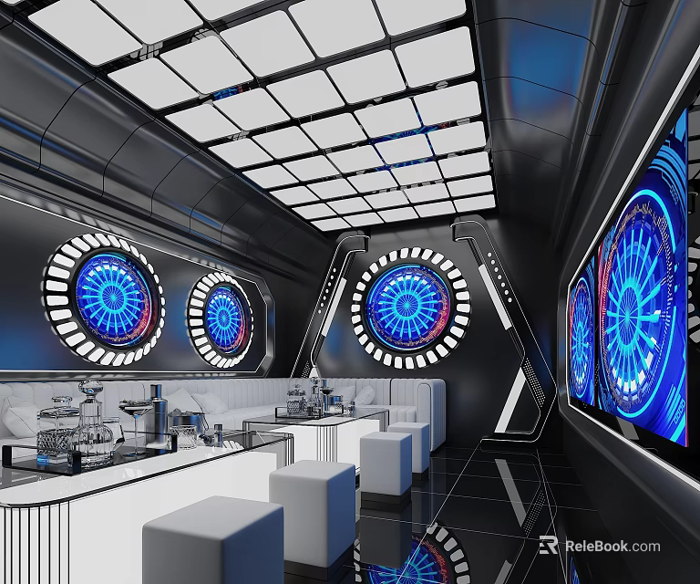 Modern KTV Interior Design With Circular Glowing Decorations Blue Lighting Sofas And Large Screens 3d model