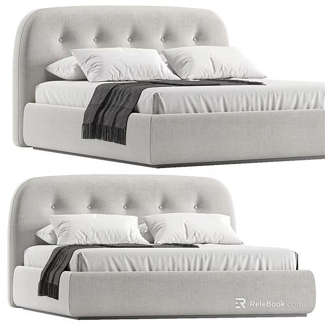 Modern Light Colored Double Bed With Tufted Headboard Pillows And Throw Blanket 3d model