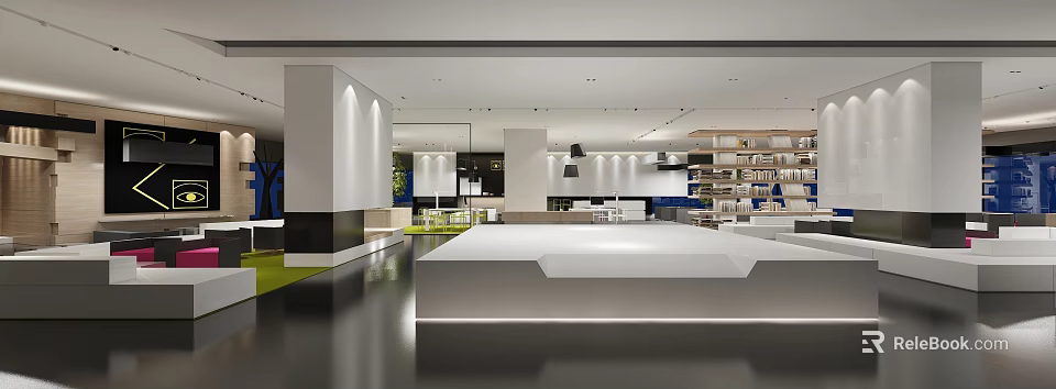 Modern Open Interior Space With White Columns Green Floor And Bookshelves 3d model 