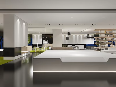 Modern Open Interior Space With White Columns Green Floor And Bookshelves 3d model
