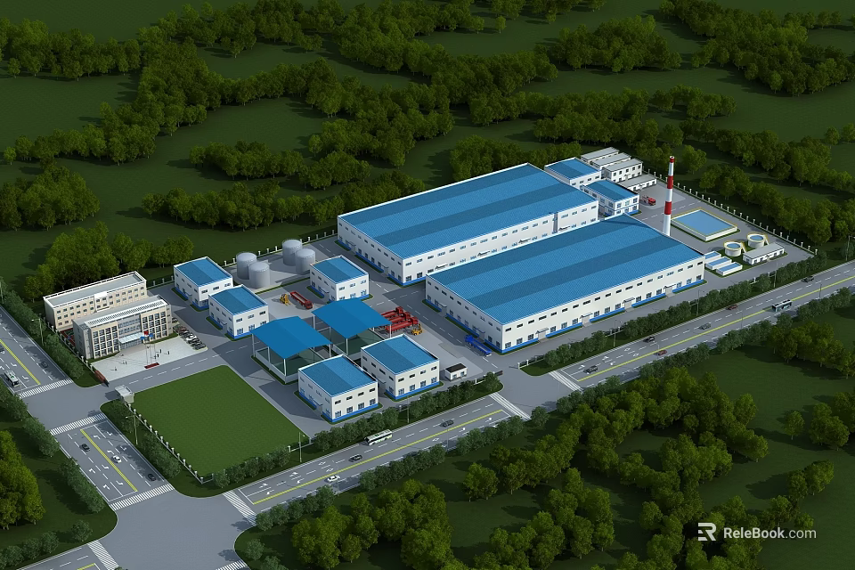 Industrial Factory Complex With Multiple Buildings Blue Roofs And Green Surrounding Trees 3d model 