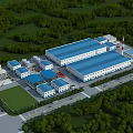 Industrial Factory Complex With Multiple Buildings Blue Roofs And Green Surrounding Trees